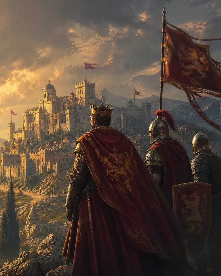 A fortified citadel above a river valley at golden hour, with a king and his knights watching from a ridge and an army on the march below.