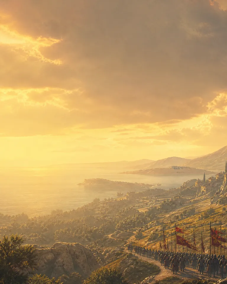 A fortified citadel above a river valley at golden hour, with a king and his knights watching from a ridge and an army on the march below.