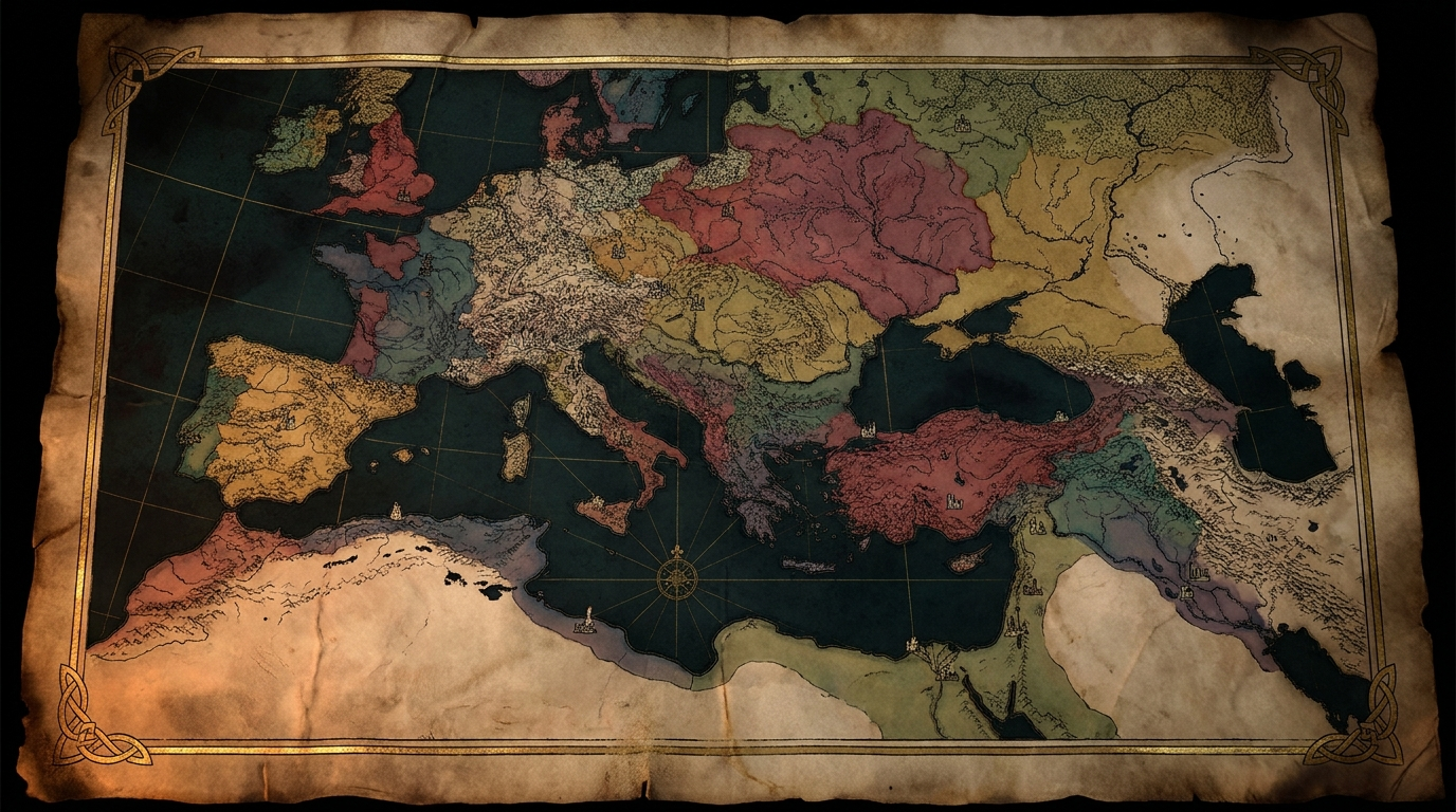 An illustrated map of Europe and the Middle East, drawn on aged vellum, showing the realms and territories of the setting.